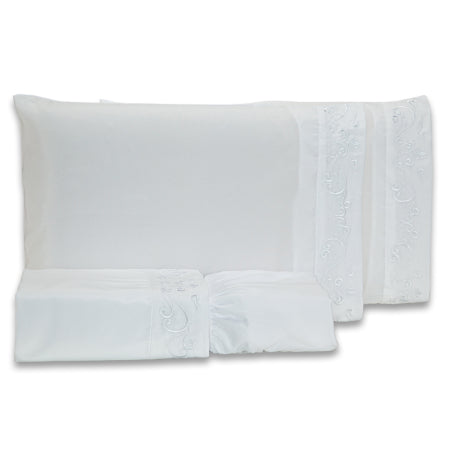 Jogo de Cama Lençol Blossom Bordado Floral Percal 300 Fios com Fronhas CASAL PADRÃO 04 Peças - Toque Acetinado